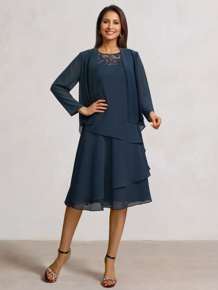 2 Pieces A-Line Scoop Chiffon Mother of the Bride Dresses Sleeveless Knee-Length with Ruffles