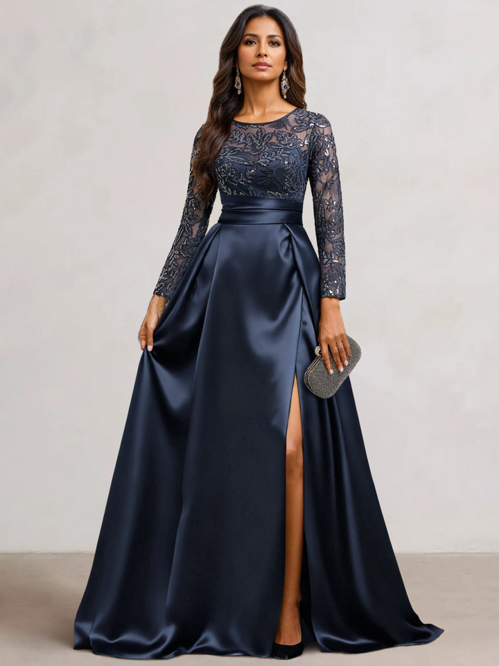 A-Line  Scoop Satin Sequin Mother of the Bride Dresses Long Sleeves Floor-Length Wedding Guest with Split Side