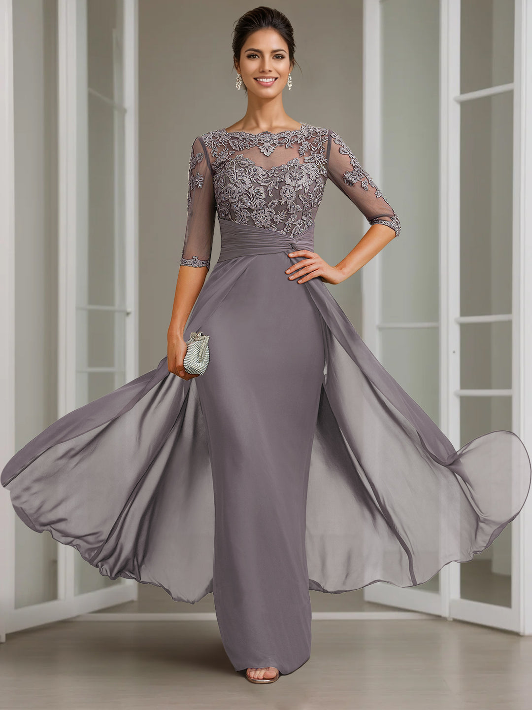 Sheath/Column Scoop Chiffon Lace Mother of the Bride Dresses Half Sleeves Floor-Length with Appliques