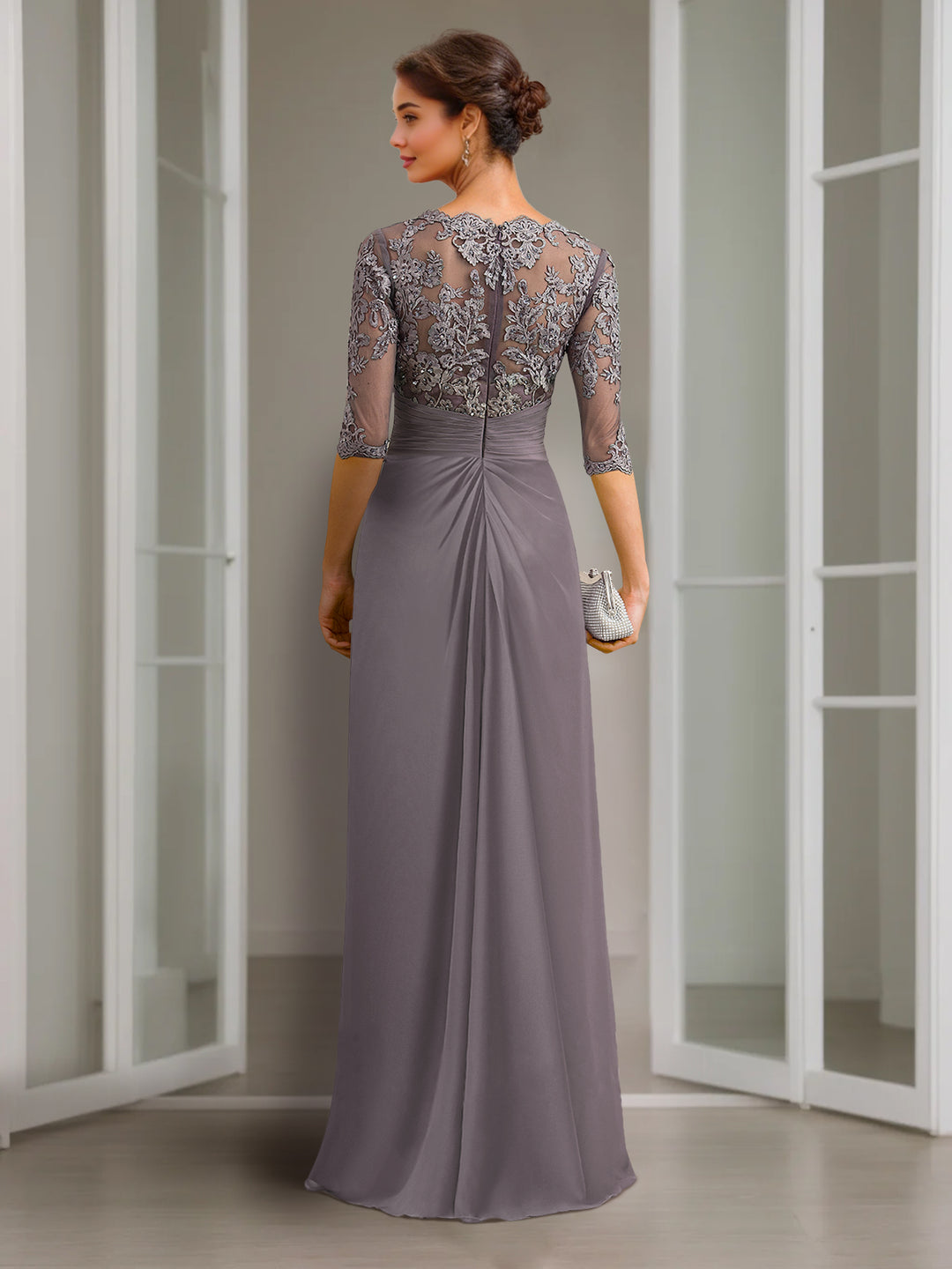 Sheath/Column Scoop Chiffon Lace Mother of the Bride Dresses Half Sleeves Floor-Length with Appliques