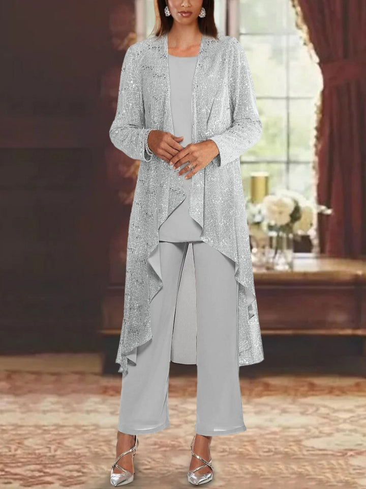 Chiffon Sequins Scoop Mother of the Bride Pantsuits with Jacket