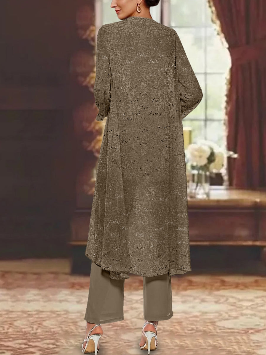 Chiffon Sequins Scoop Mother of the Bride Pantsuits with Jacket