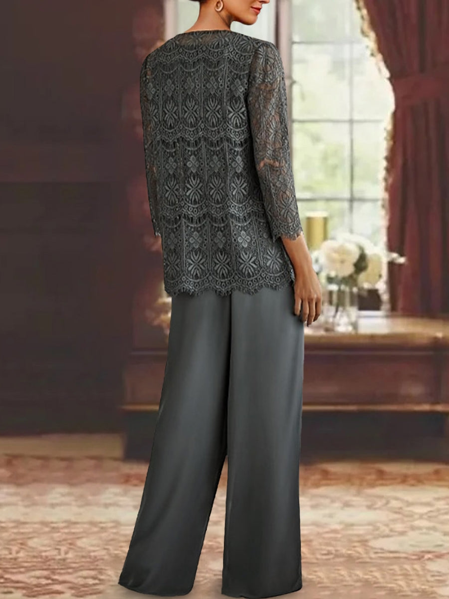 Chiffon Lace Scoop Ankle-Length Mother of the Bride Pantsuits with Jacket