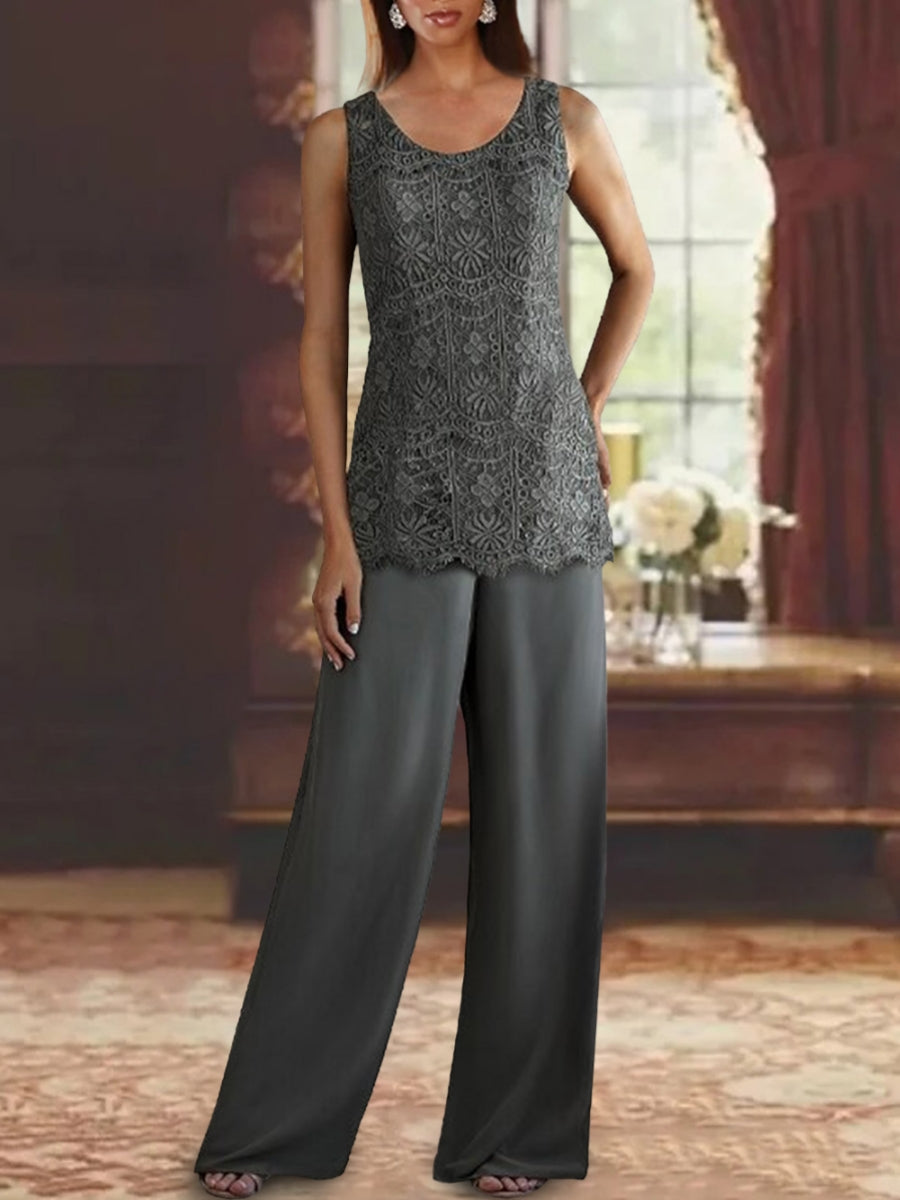 Chiffon Lace Scoop Ankle-Length Mother of the Bride Pantsuits with Jacket