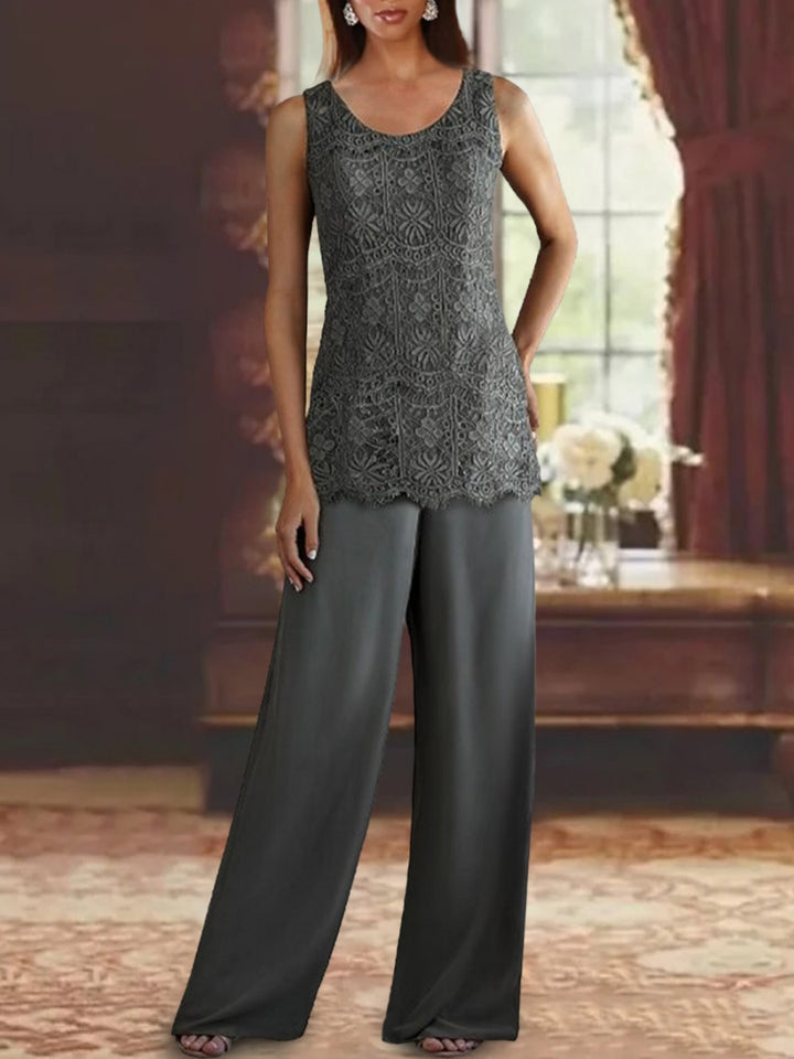Chiffon Lace Scoop Ankle-Length Mother of the Bride Pantsuits with Jacket