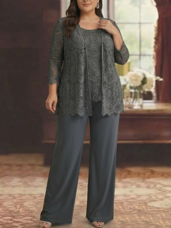 Chiffon Lace Scoop Plus Size Mother of the Bride Pantsuits with Jacket 3/4 Sleeves Ankle-Length