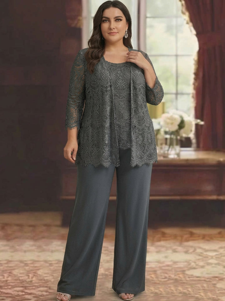 Chiffon Lace Scoop Plus Size Mother of the Bride Pantsuits with Jacket 3/4 Sleeves Ankle-Length