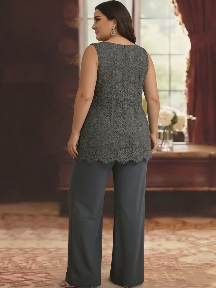 Chiffon Lace Scoop Plus Size Mother of the Bride Pantsuits with Jacket 3/4 Sleeves Ankle-Length
