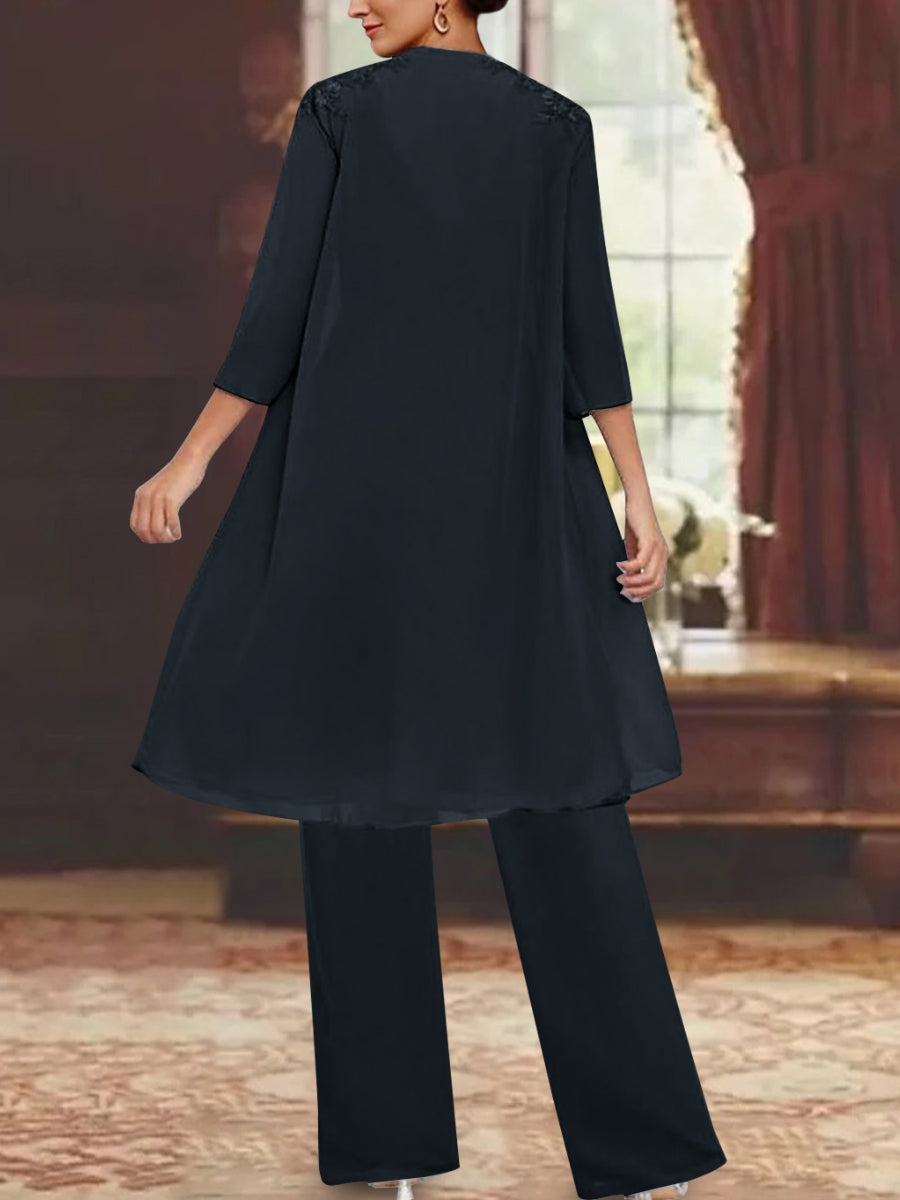 Chiffon V-Neck 3/4 Sleeves Appliques Mother of the Bride Pantsuits with Jacket Ankle-Length