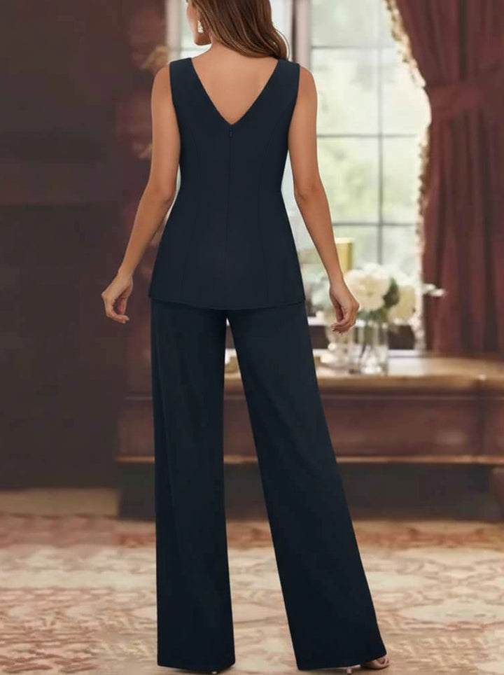 Chiffon V-Neck 3/4 Sleeves Appliques Mother of the Bride Pantsuits with Jacket Ankle-Length