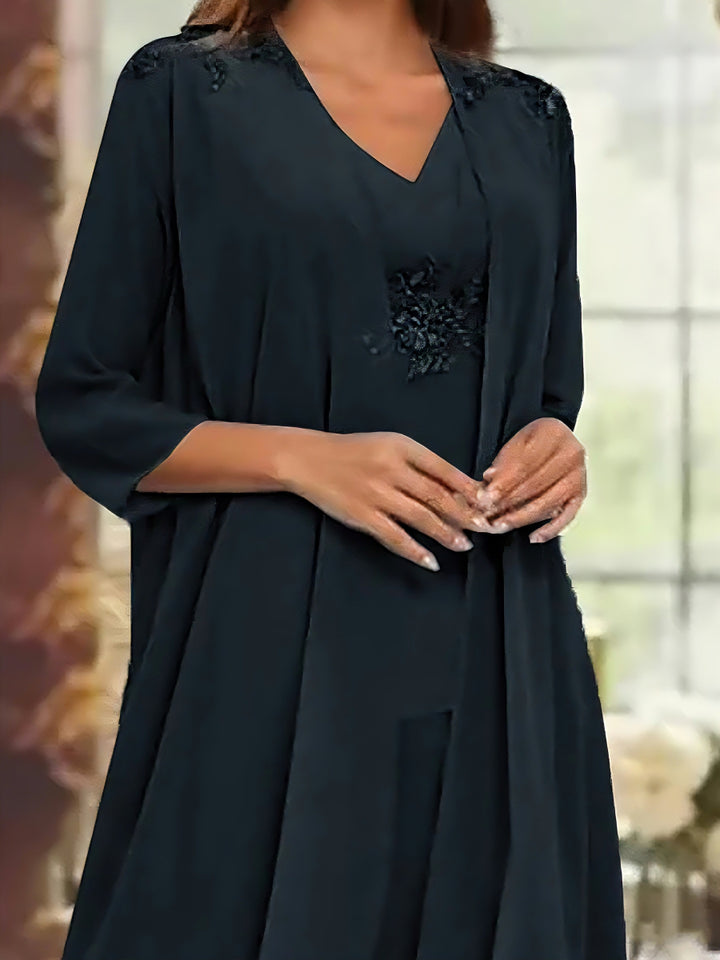 Chiffon V-Neck 3/4 Sleeves Appliques Mother of the Bride Pantsuits with Jacket Ankle-Length