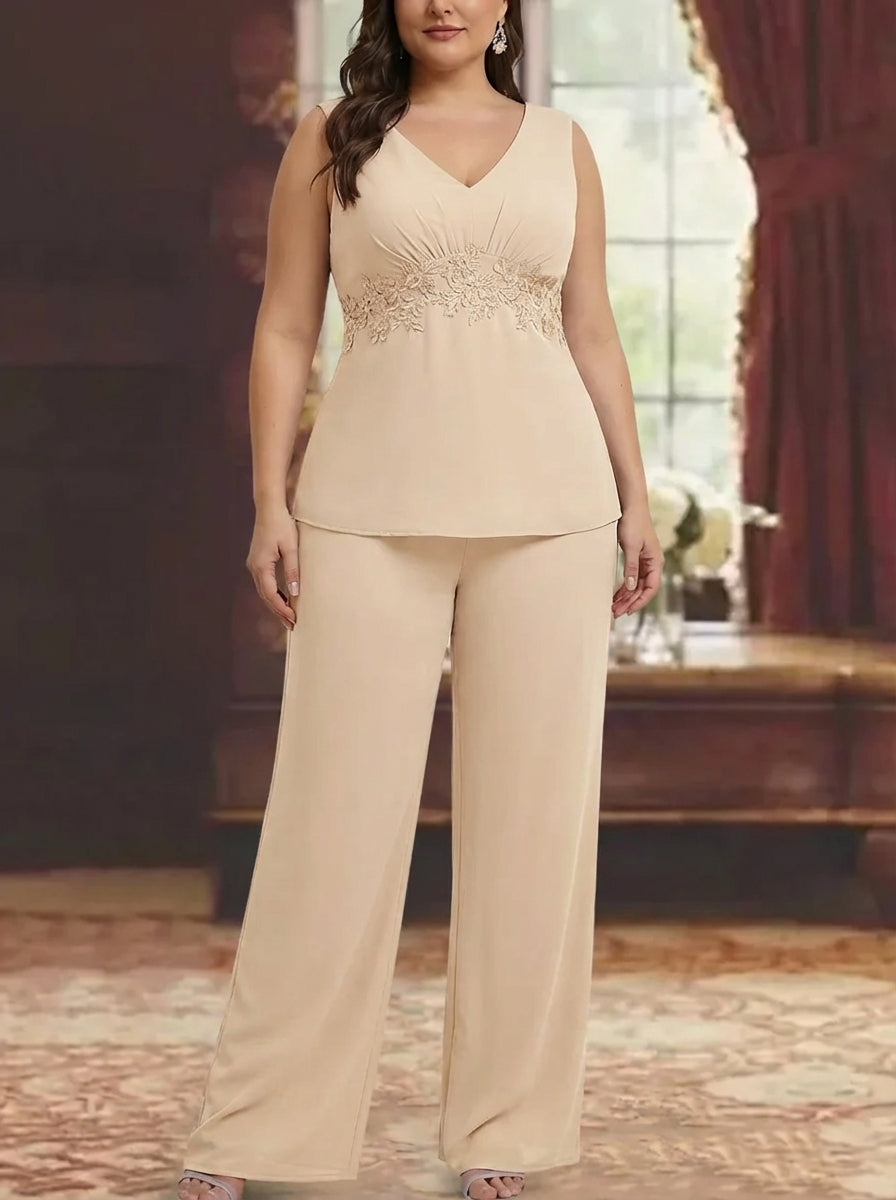 Chiffon V-Neck 3/4 Sleeves Plus Size Mother of the Bride Pantsuits with Jacket Lace Appliques Ankle-Length