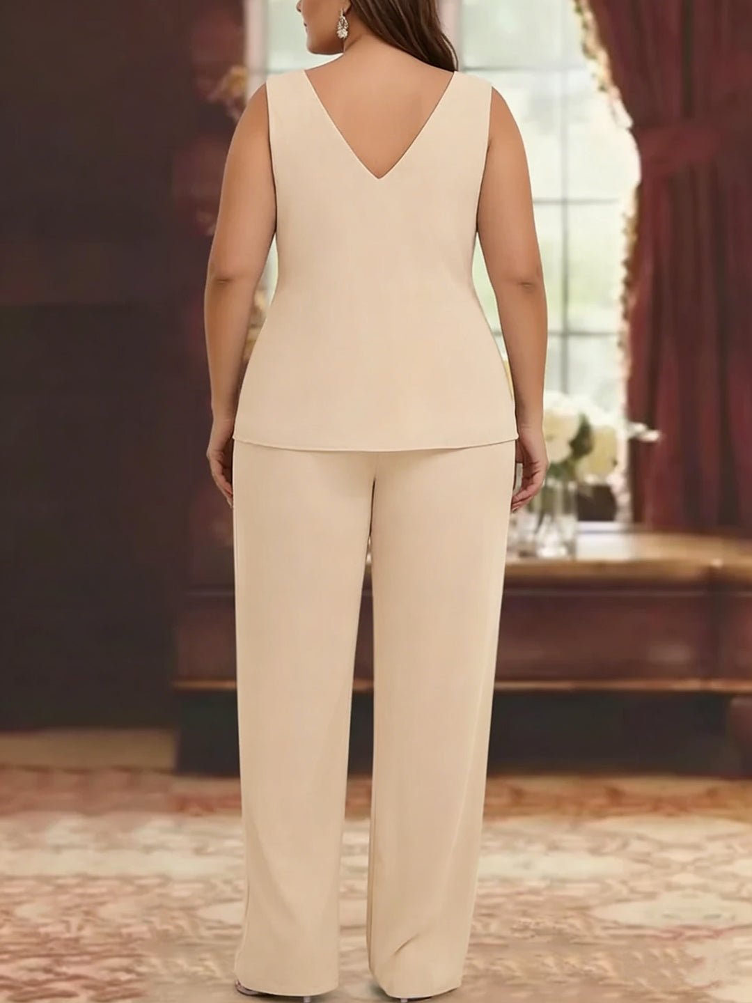 Chiffon V-Neck 3/4 Sleeves Plus Size Mother of the Bride Pantsuits with Jacket Lace Appliques Ankle-Length