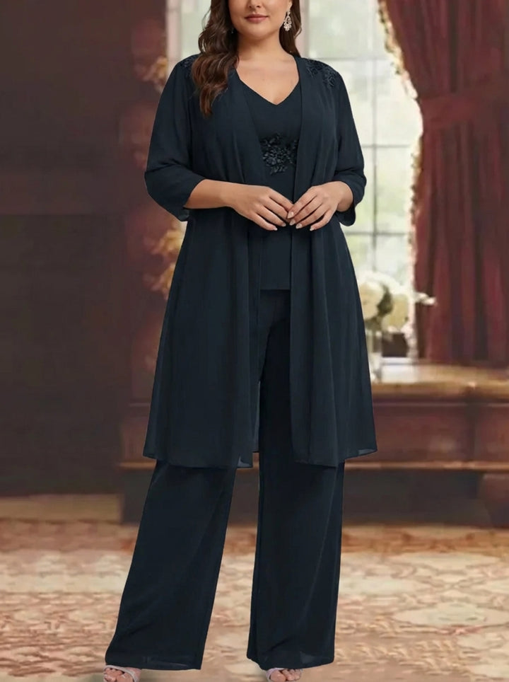 Chiffon V-Neck 3/4 Sleeves Plus Size Mother of the Bride Pantsuits with Jacket Lace Appliques Ankle-Length