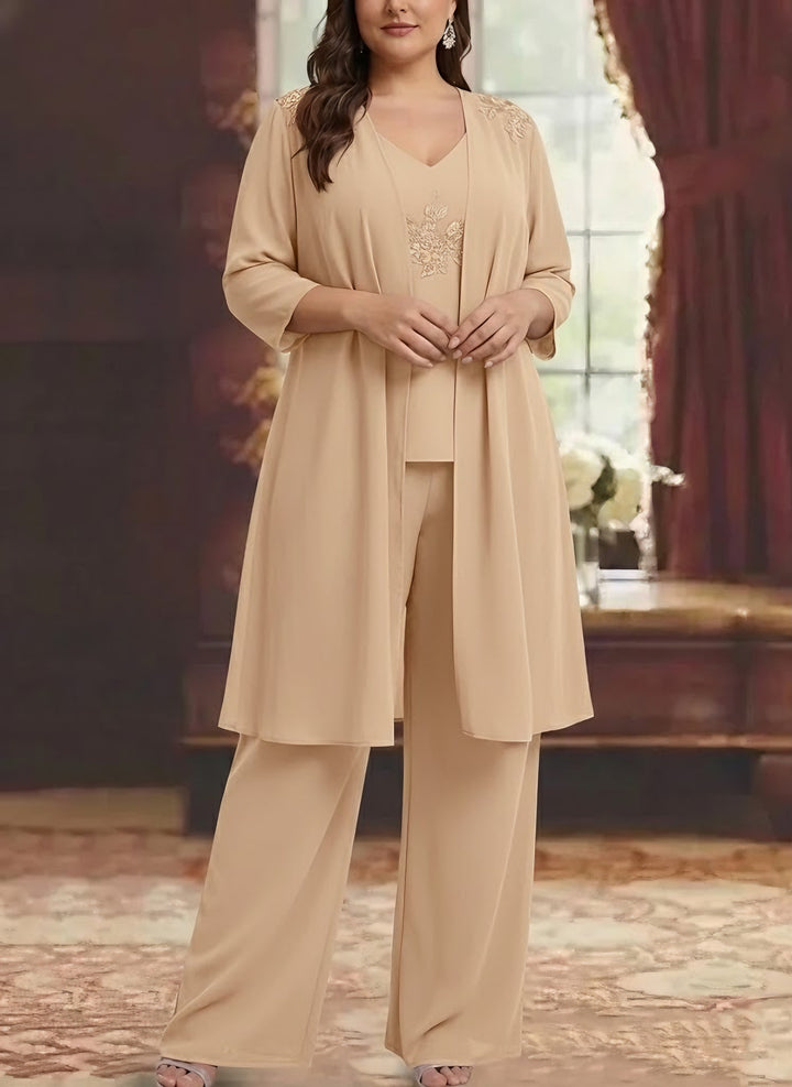 Chiffon V-Neck 3/4 Sleeves Plus Size Mother of the Bride Pantsuits with Jacket Lace Appliques Ankle-Length