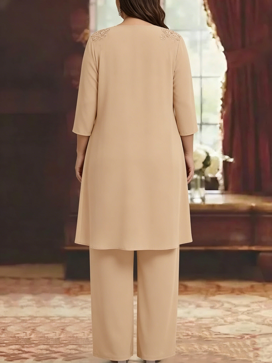 Chiffon V-Neck 3/4 Sleeves Plus Size Mother of the Bride Pantsuits with Jacket Lace Appliques Ankle-Length