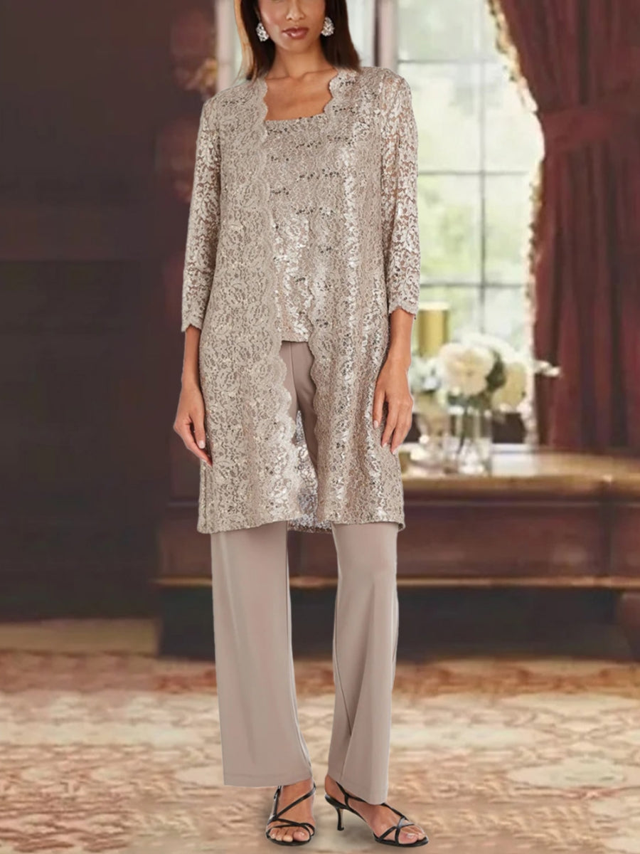 Chiffon Scoop 3/4 Sleeves Mother of the Bride Pantsuits with Lace Jacket Ankle-Length