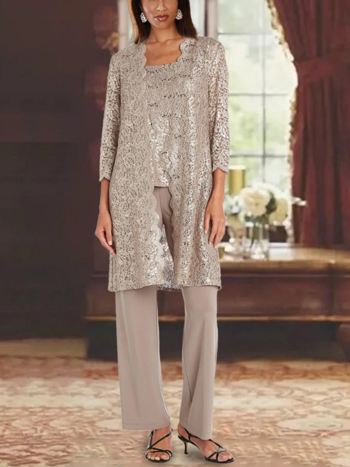 Chiffon Scoop 3/4 Sleeves Mother of the Bride Pantsuits with Lace Jacket Ankle-Length