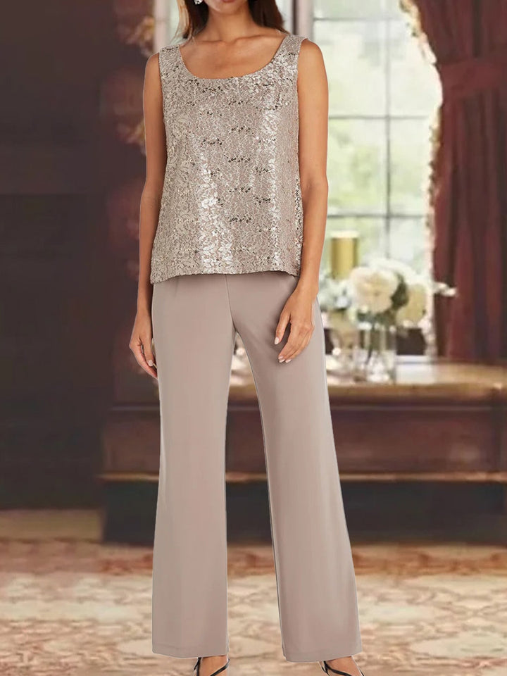 Chiffon Scoop 3/4 Sleeves Mother of the Bride Pantsuits with Lace Jacket Ankle-Length