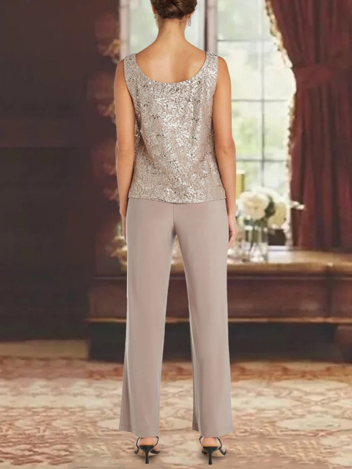 Chiffon Scoop 3/4 Sleeves Mother of the Bride Pantsuits with Lace Jacket Ankle-Length