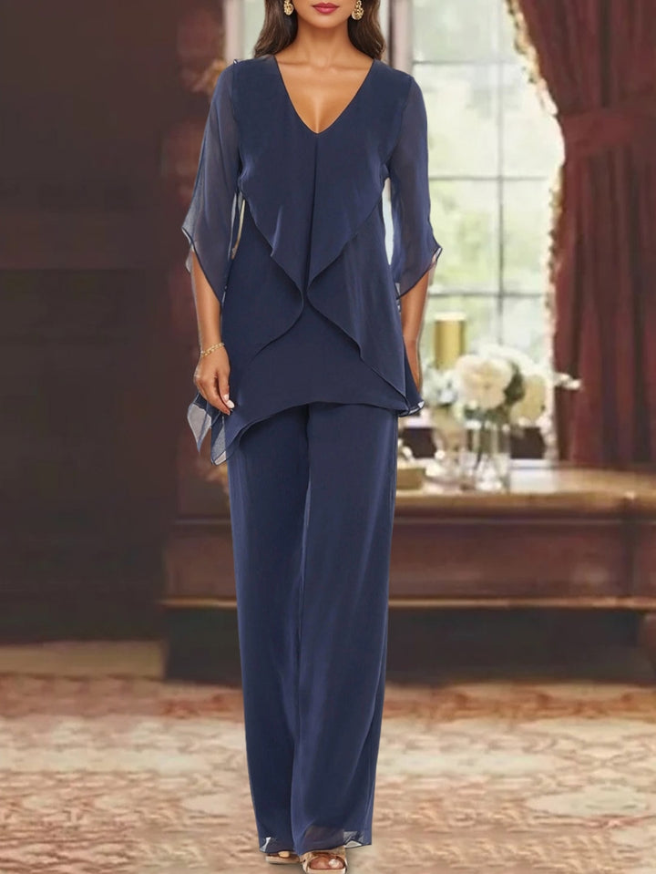 Chiffon V-Neck Half Sleeves Mother of the Bride Pantsuits with Ruffles Ankle-Length