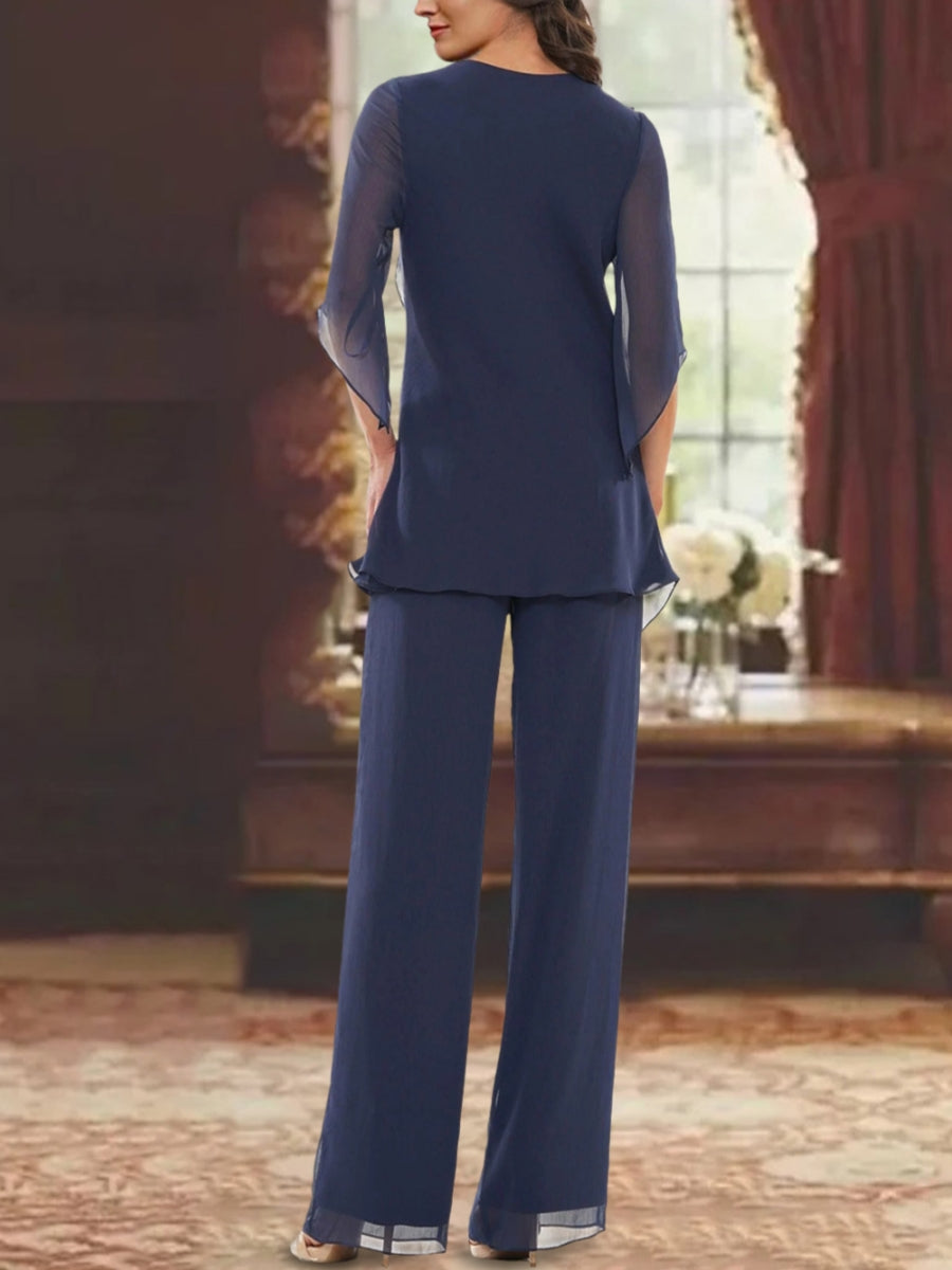 Chiffon V-Neck Half Sleeves Mother of the Bride Pantsuits with Ruffles Ankle-Length