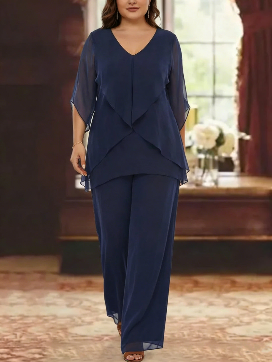 2 Pieces Chiffon V-Neck Plus Size Mother of the Bride Pantsuits with Ruffles Half Sleeves Ankle-Length