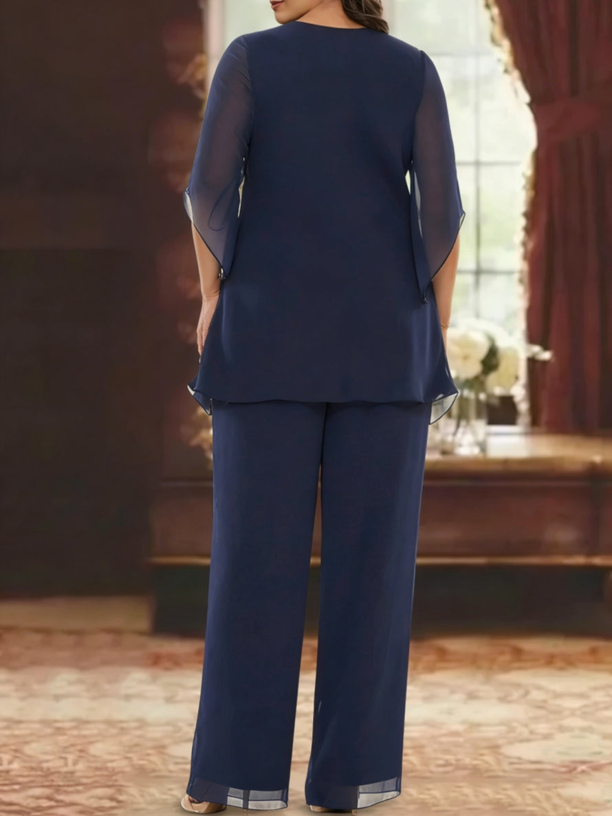 2 Pieces Chiffon V-Neck Plus Size Mother of the Bride Pantsuits with Ruffles Half Sleeves Ankle-Length