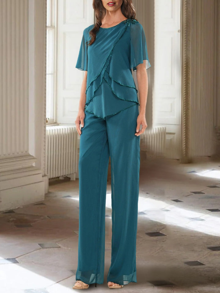 Chiffon Scoop Half Sleeves Asymmetrical Mother of the Bride Pantsuits with Ruffles Ankle-Length