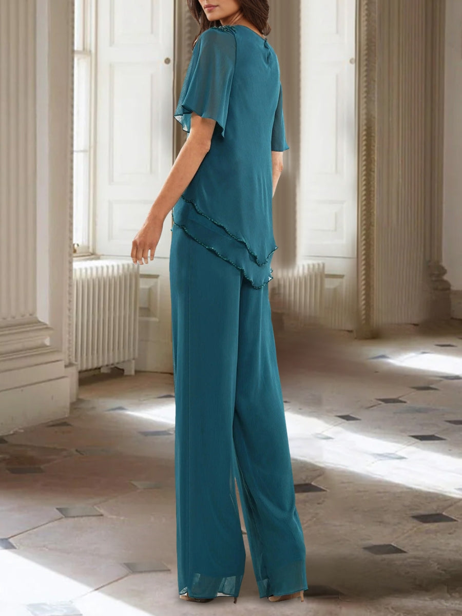 Chiffon Scoop Half Sleeves Asymmetrical Mother of the Bride Pantsuits with Ruffles Ankle-Length