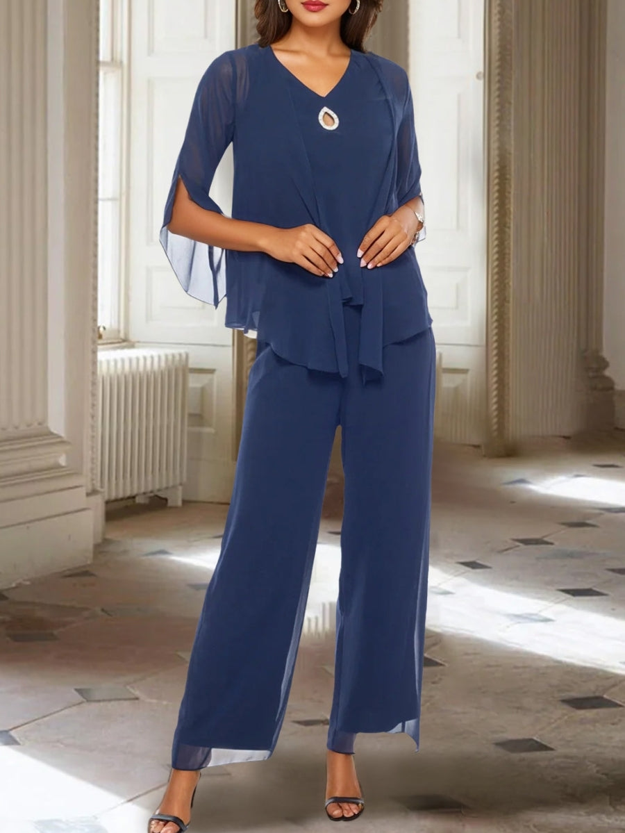 Chiffon V-Neck 3/4 Sleeves Mother of the Bride Pantsuits with Jacket Ankle-Length