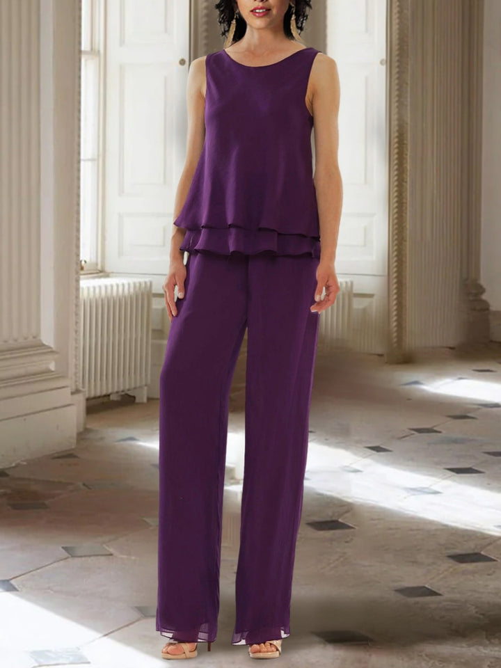 Chiffon Scoop Ankle-Length Mother of the Bride Pantsuits with Long Sleeves Jacket