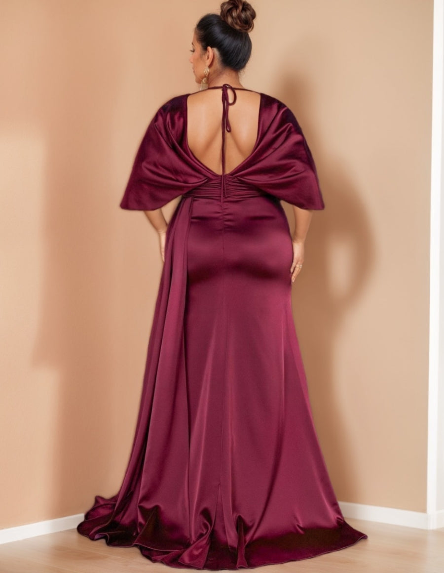 Sheath/Column V-Neck 1/2 Sleeves Mother of the Bride Dresses With Split Front Backless Satin