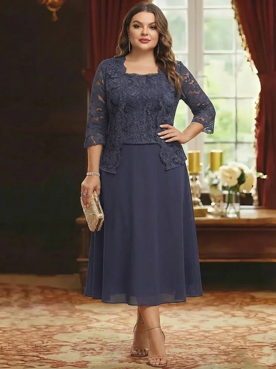 A-Line/Princess Half Sleeves Tea-Length Plus Size Mother of the Bride Dresses with Jacket Lace