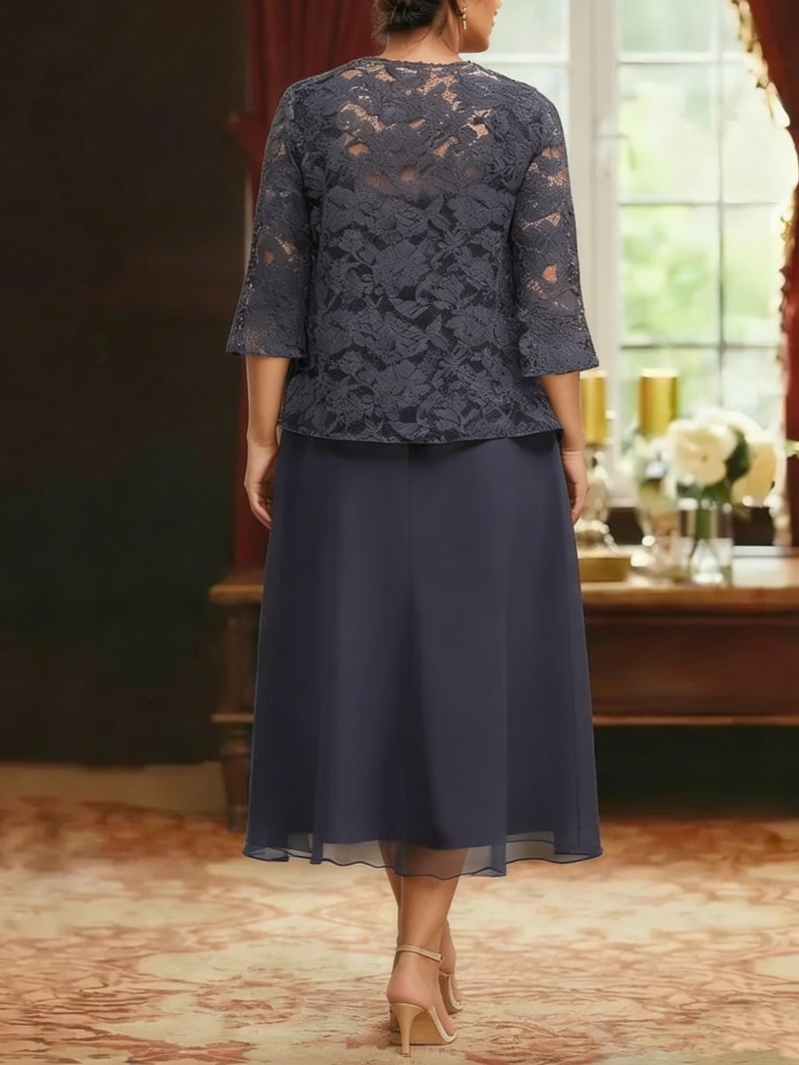 A-Line/Princess Half Sleeves Tea-Length Plus Size Mother of the Bride Dresses with Jacket Lace