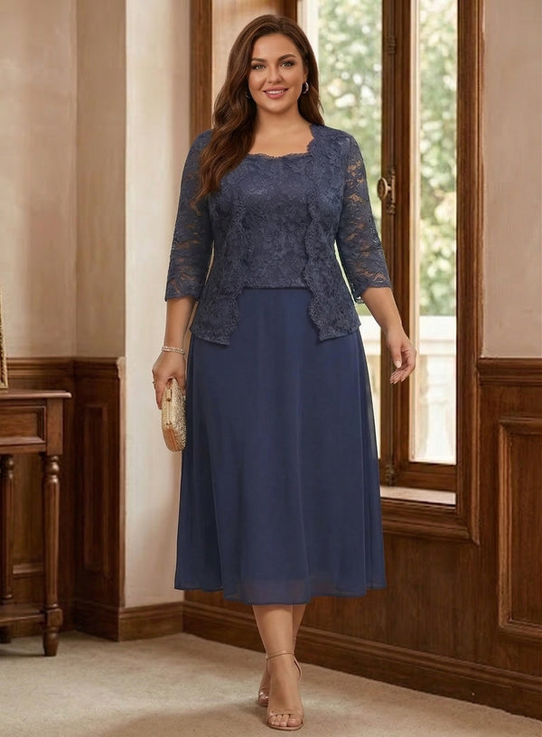 A-Line/Princess Half Sleeves Tea-Length Plus Size Mother of the Bride Dresses with Jacket Lace