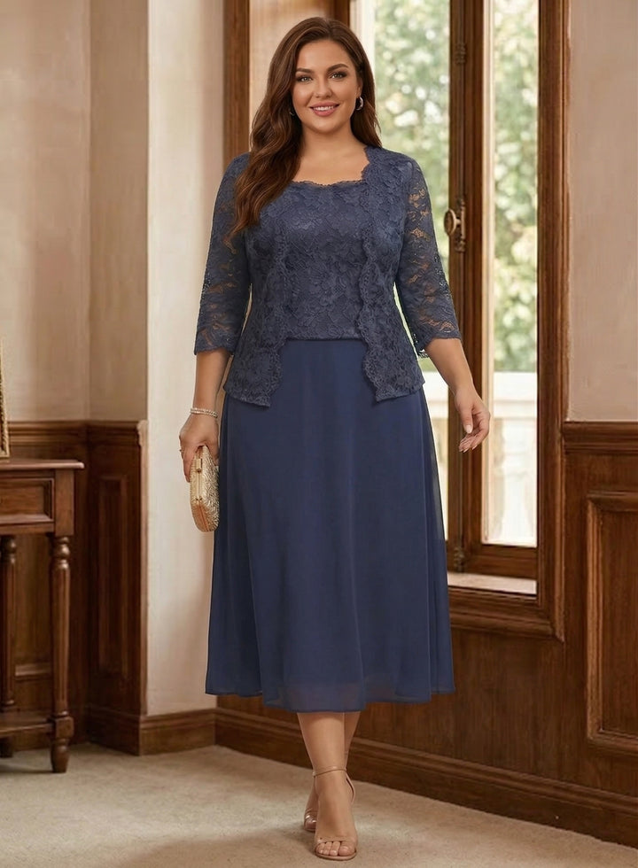 A-Line/Princess Half Sleeves Tea-Length Plus Size Mother of the Bride Dresses with Jacket Lace