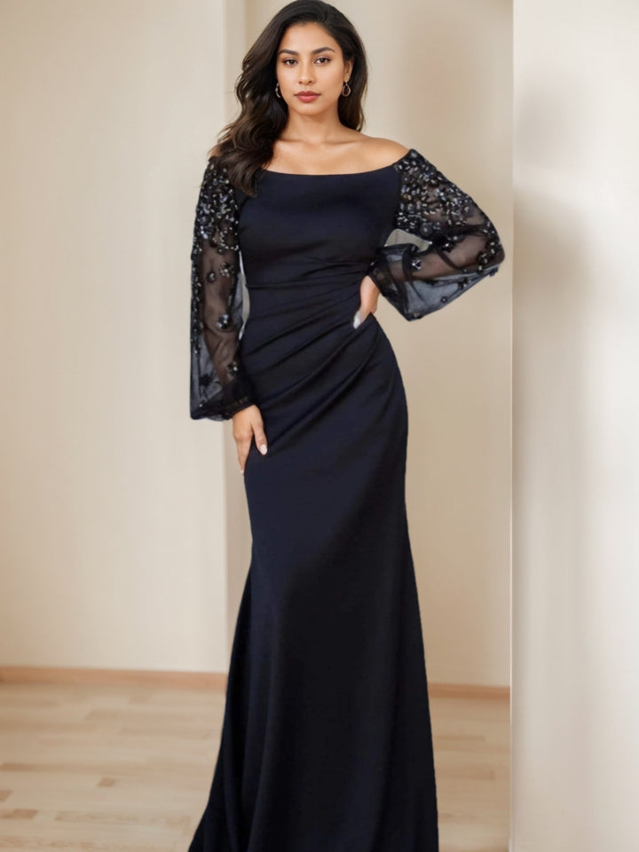 Sheath/Column Scoop Floor-Length Mother of the Bride Dresses Long Sleeves Pleats