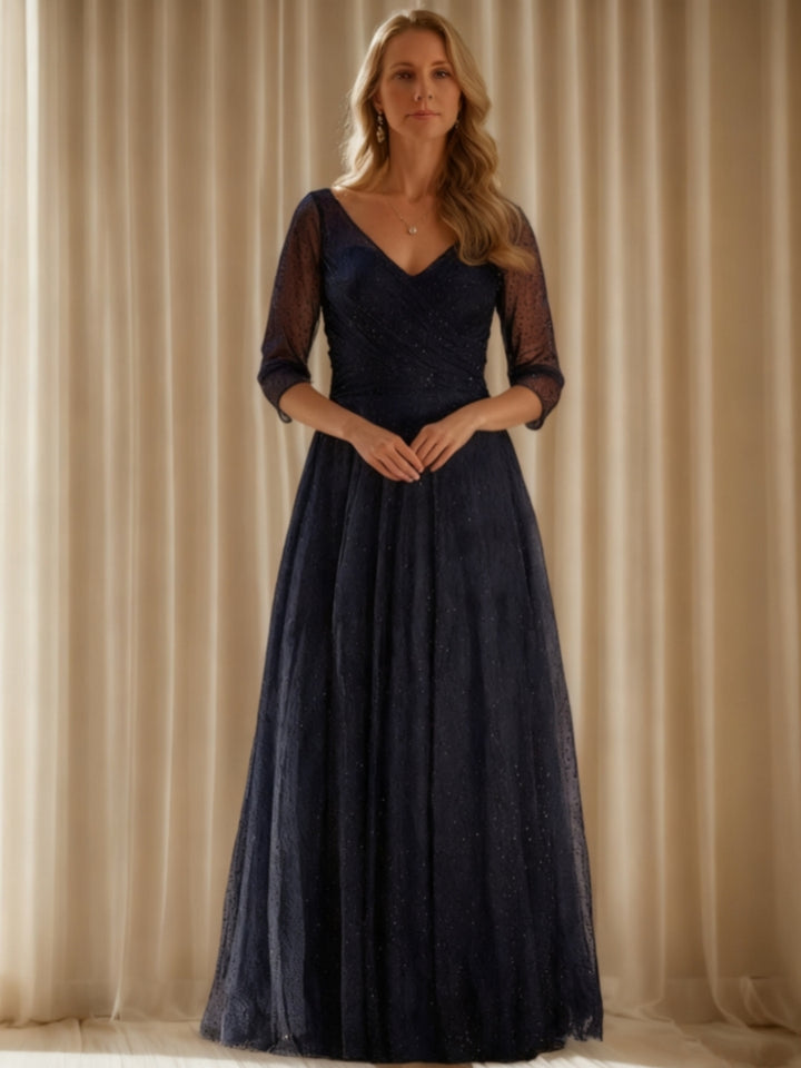 A-Line/Princess V-Neck Floor-Length Mother of the Bride Dresses 3/4 Sleeves Sequins