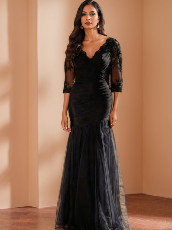 Trumpet/Mermaid V-Neck 3/4 Sleeves Mother of the Bride Dresses Floor-Length Ruched