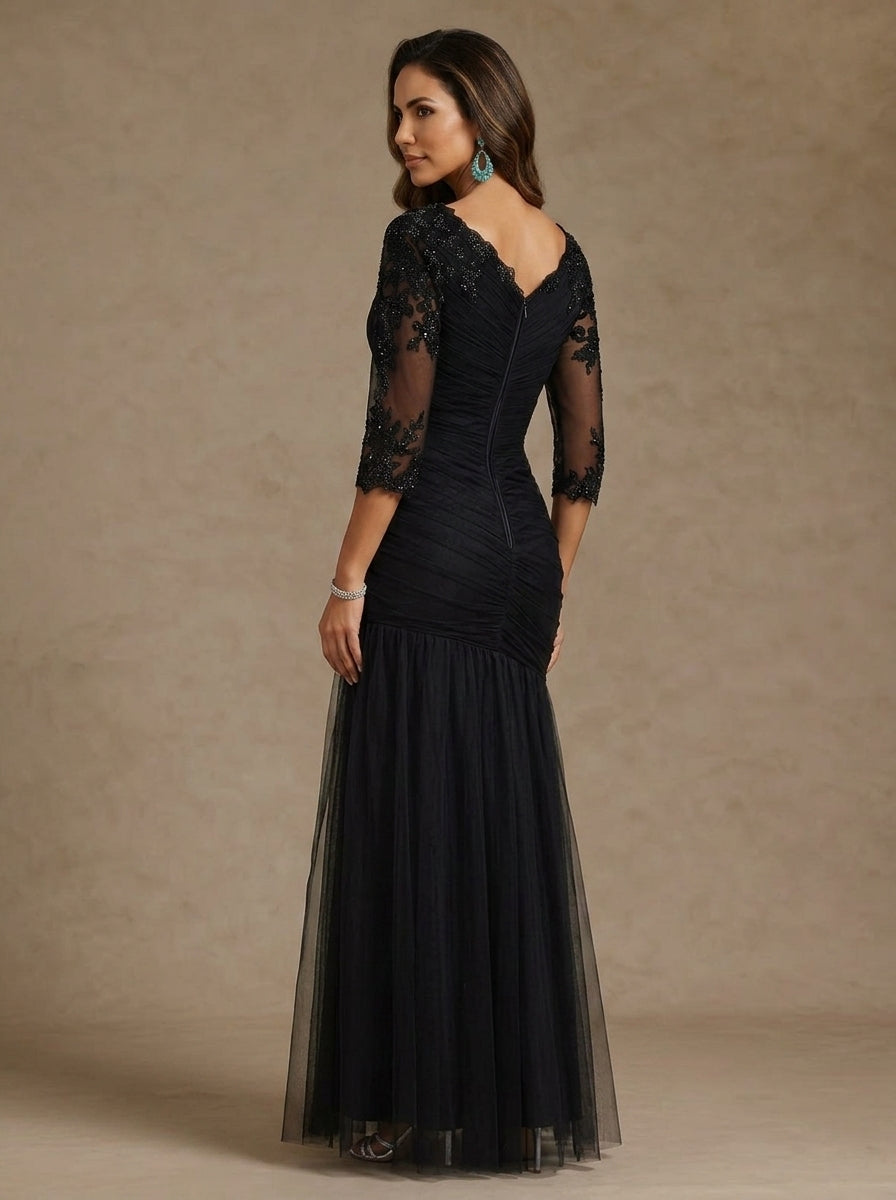 Trumpet/Mermaid V-Neck 3/4 Sleeves Mother of the Bride Dresses Floor-Length Ruched