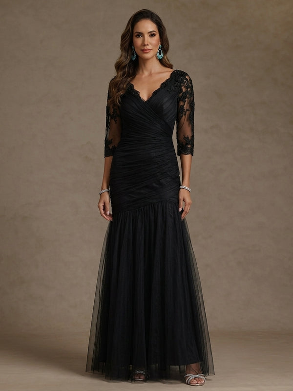 Trumpet/Mermaid V-Neck 3/4 Sleeves Mother of the Bride Dresses Floor-Length Ruched
