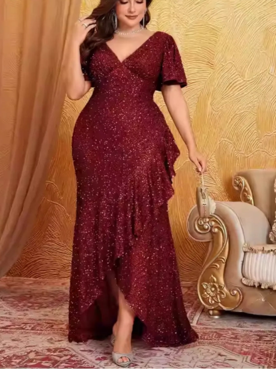 2026 Mother of the Bride Dresses Burgundy Glitter A-Line Plus Size V-Neck Short Sleeve High-Low Formal Evening Gown, Dark Red / L