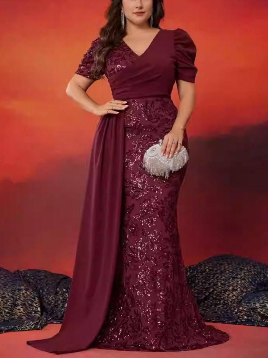 Sheath/Column Short Sleeves V-Neck Plus Size Mother of the Bride Dresses Sequins Floor-Length