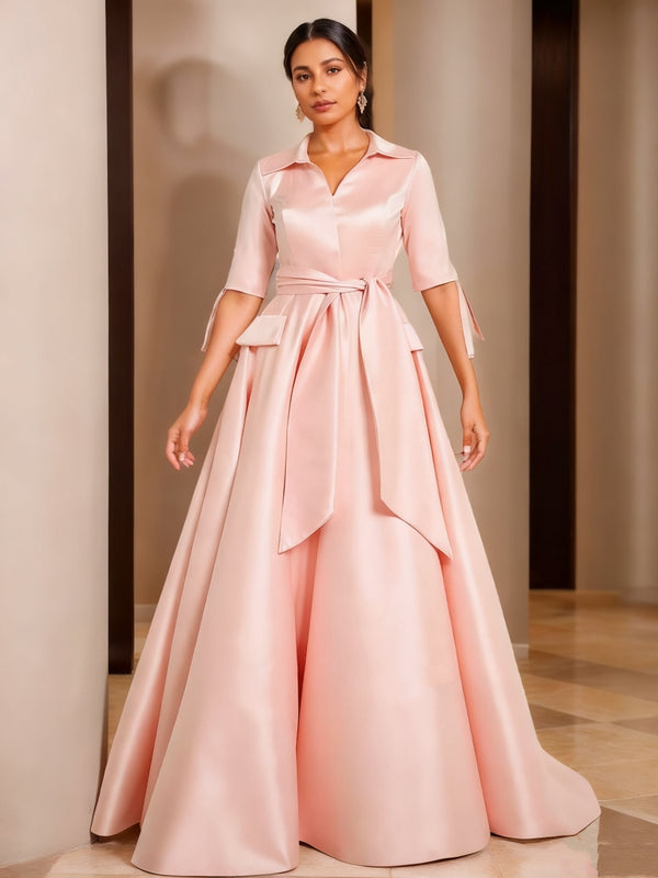 A-Line/Princess Half Sleeves V-Neck Floor-Length Plus Size Mother of the Bride Dresses with Sash