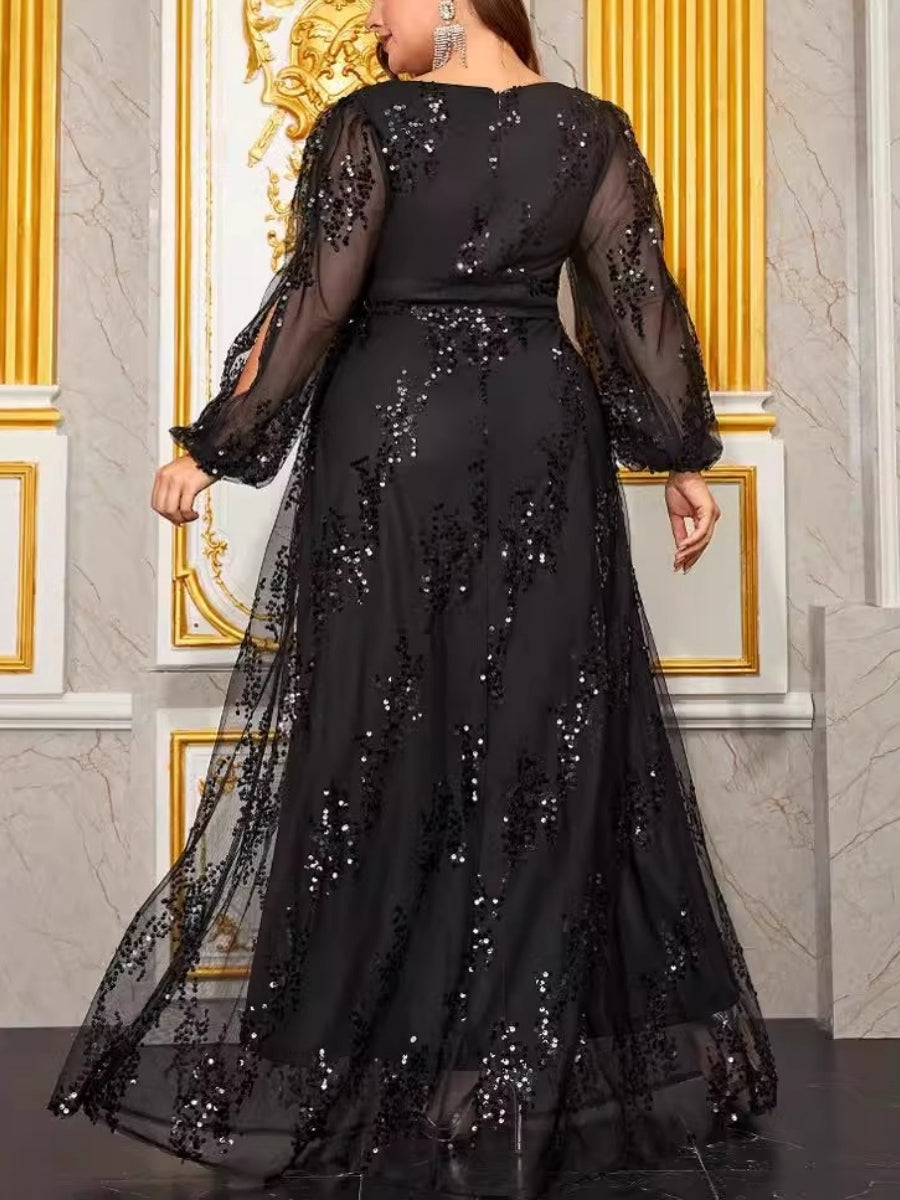 A-Line/Princess Sequins V-Neck Plus Size Mother of the Bride Dresses with Knot Bow Long Sleeves Floor-Length