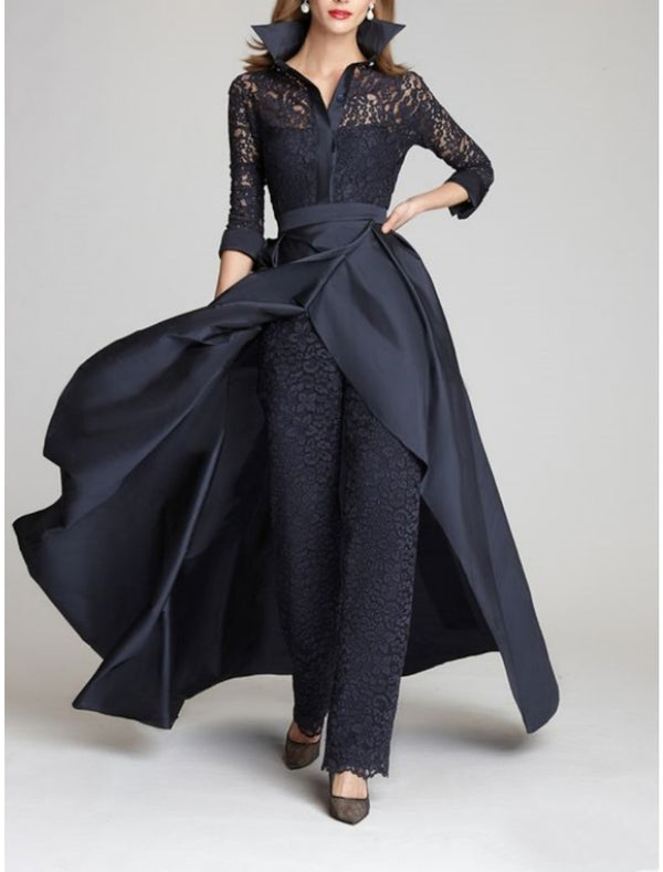 3/4 Sleeves 2 Pieces Mother of the Bride Pantsuits Lace Shirt Collar Jumpsuit Ruched Detachable