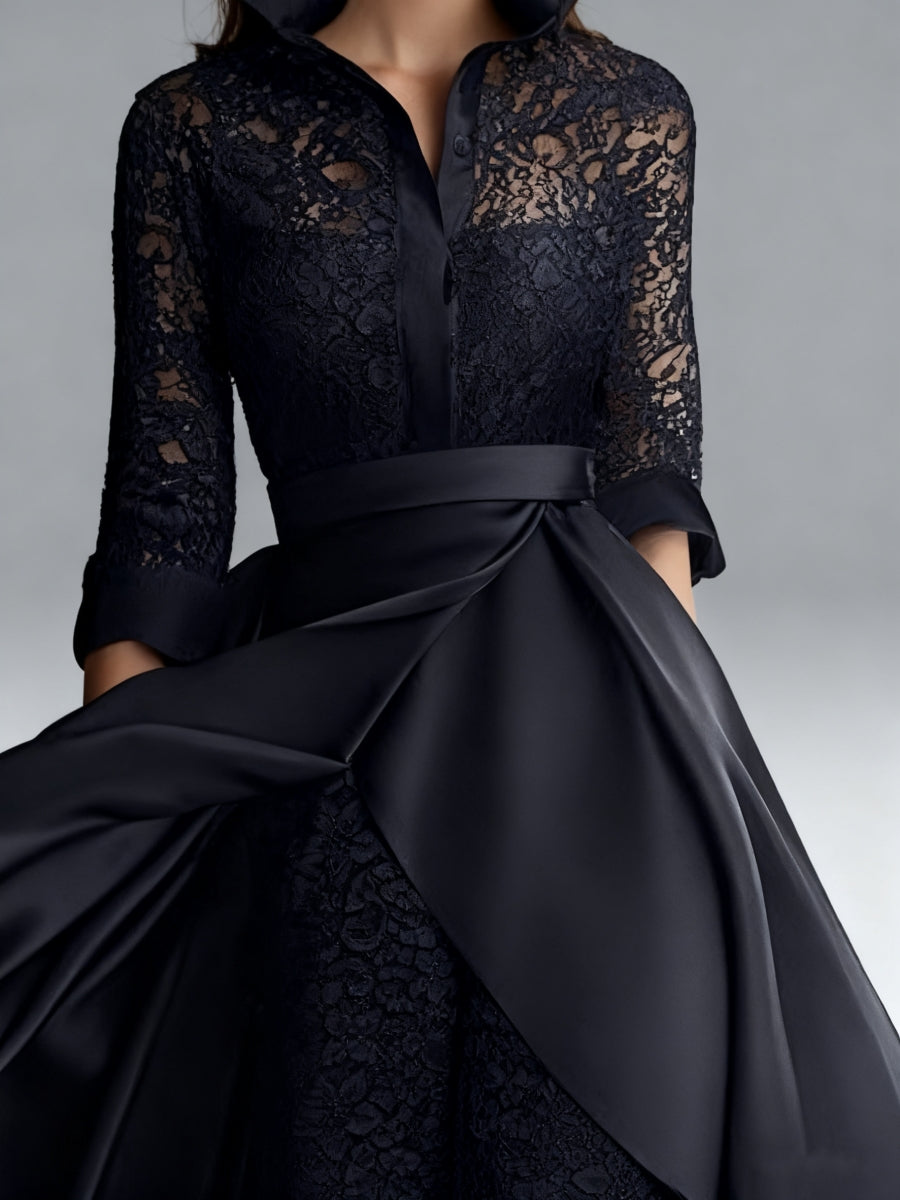 3/4 Sleeves 2 Pieces Mother of the Bride Pantsuits Lace Shirt Collar Jumpsuit Ruched Detachable