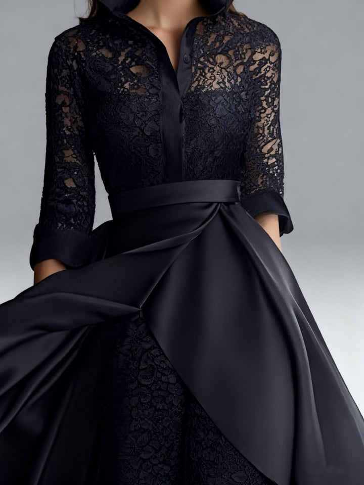 3/4 Sleeves 2 Pieces Mother of the Bride Pantsuits Lace Shirt Collar Jumpsuit Ruched Detachable