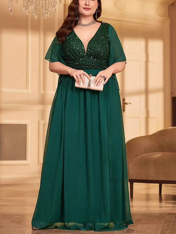 A-Line/Princess Chiffon Short Sleeves V-Neck Plus Size Mother of the Bride Dresses Sequins Floor-Length-Green black